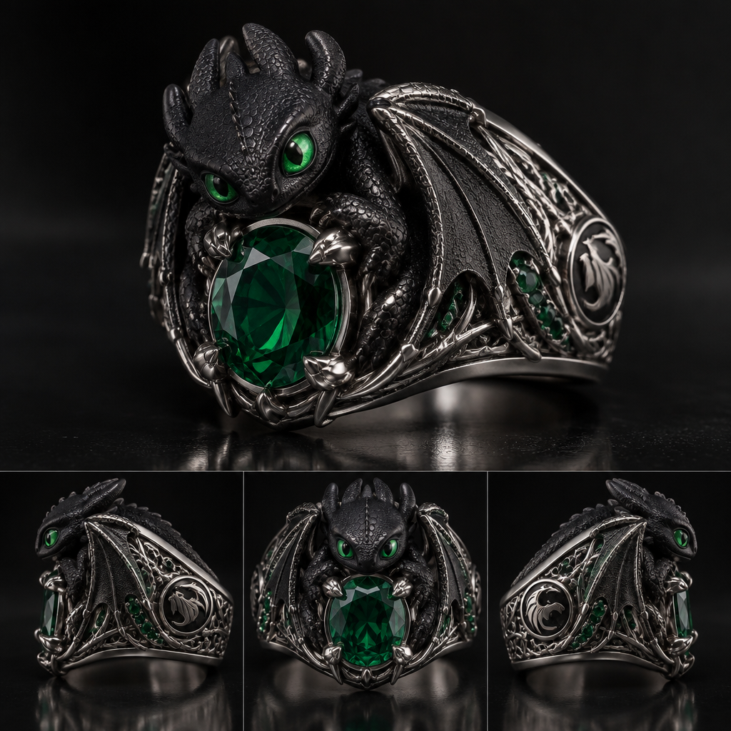 A modern men's ring made of silver with emerald stones suitable for gift, highly ornate, intricate and elaborate, richly detailed. Quiero un diseño de anillo que sea de graduacion de primaria en forma de el dragon chimuelo el furia nocturna que ponga mi nombre Frank
photorealistic jewelry design, A modern men's ring made of silver with emerald stones suitable for gift, highly ornate, intricate and elaborate, richly detailed. Quiero un diseño de anillo que sea de graduacion de primaria en forma de el dragon chimuelo el furia nocturna que ponga mi nombre Frank, modern style, just the design no text