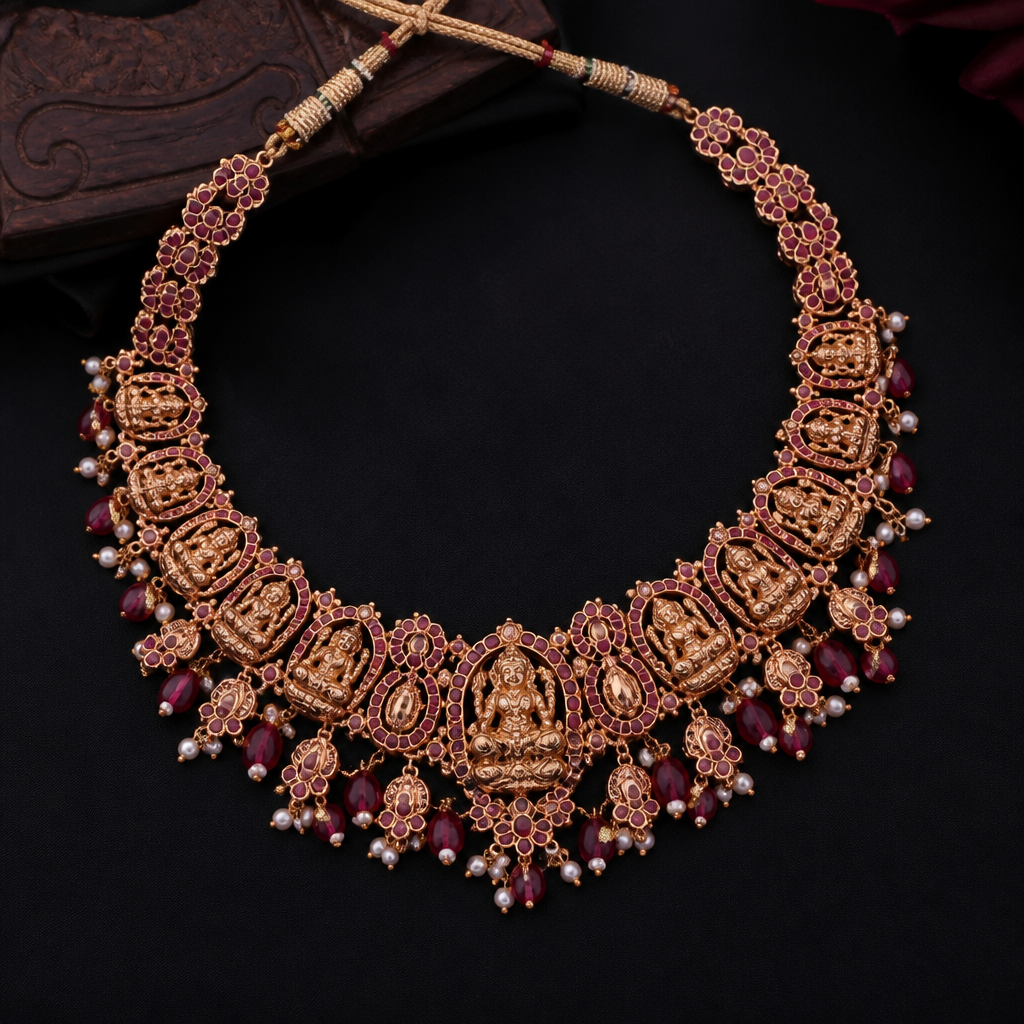 A ethnic women's necklace made of rose gold with ruby stones suitable for wedding. a delicate jweller wedding style with indian idols printed mixed design with rosegold and ruby
photorealistic jewelry design, A ethnic women's necklace made of rose gold with ruby stones suitable for wedding. a delicate jweller wedding style with indian idols printed mixed design with rosegold and ruby, ethnic style, just the design no text