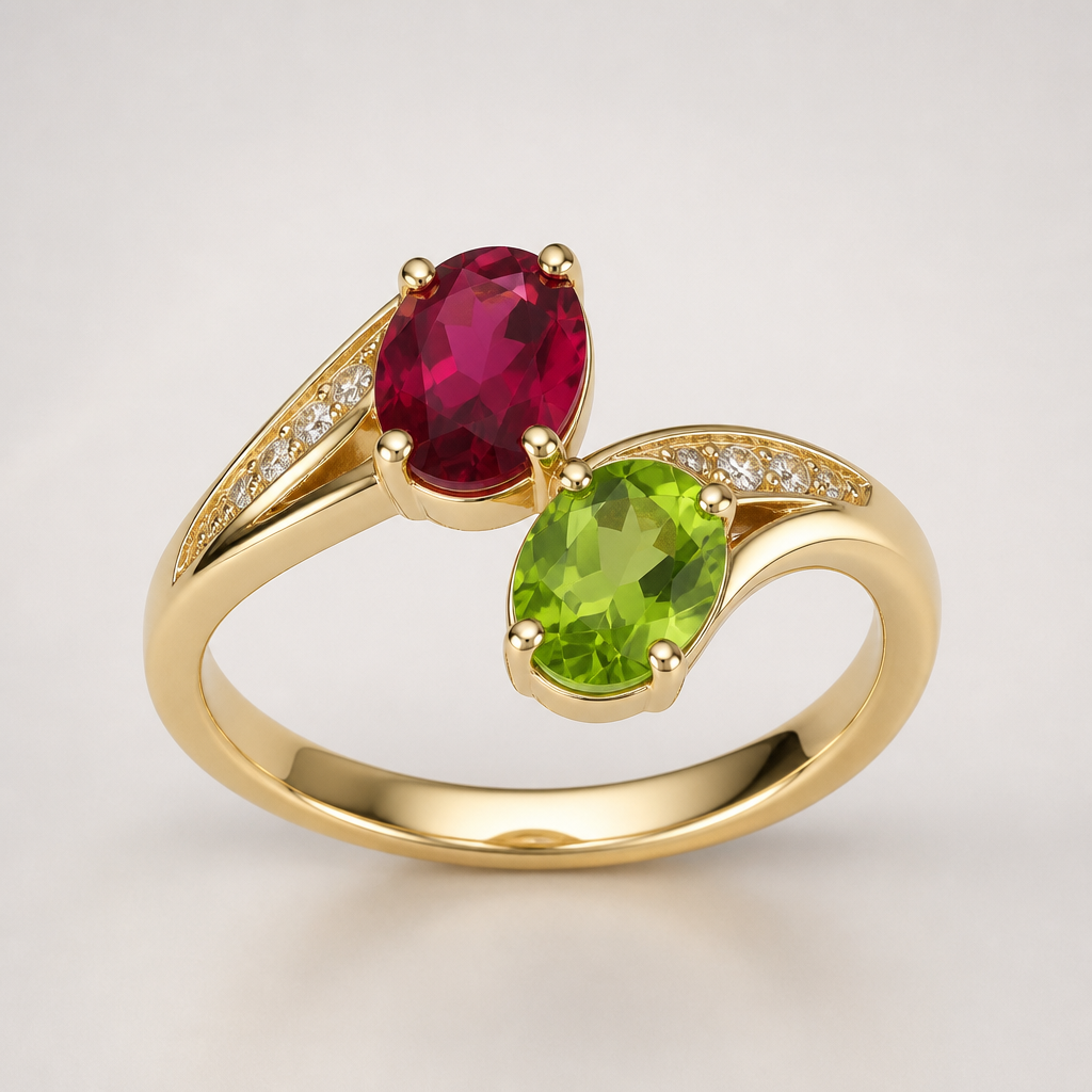 A women's ring. a gold ring with oval ruby and oval peridot
photorealistic jewelry design, A women's ring. a gold ring with oval ruby and oval peridot, modern style, just the design no text
