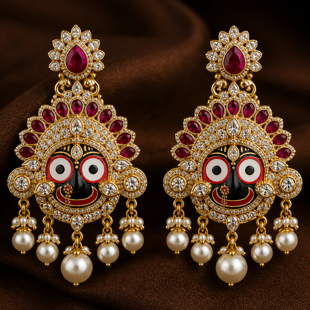 A luxury women's earrings made of gold with diamond and ruby and pearl stones suitable for festival. unki vah Jagannath Ji
photorealistic jewelry design, A luxury women's earrings made of gold with diamond and ruby and pearl stones suitable for festival. unki vah Jagannath Ji, luxury style, just the design no text