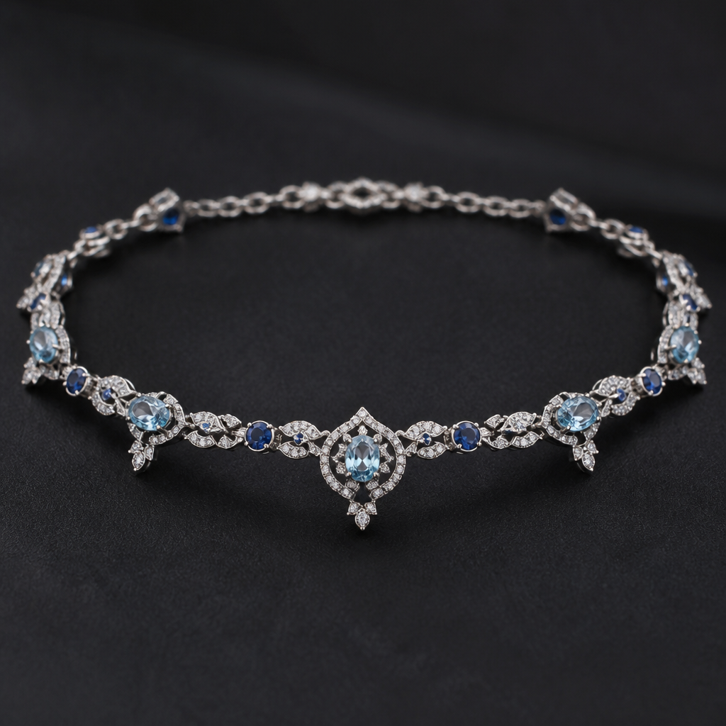A vintage women's anklet made of platinum with topaz and diamond and sapphire stones suitable for wedding