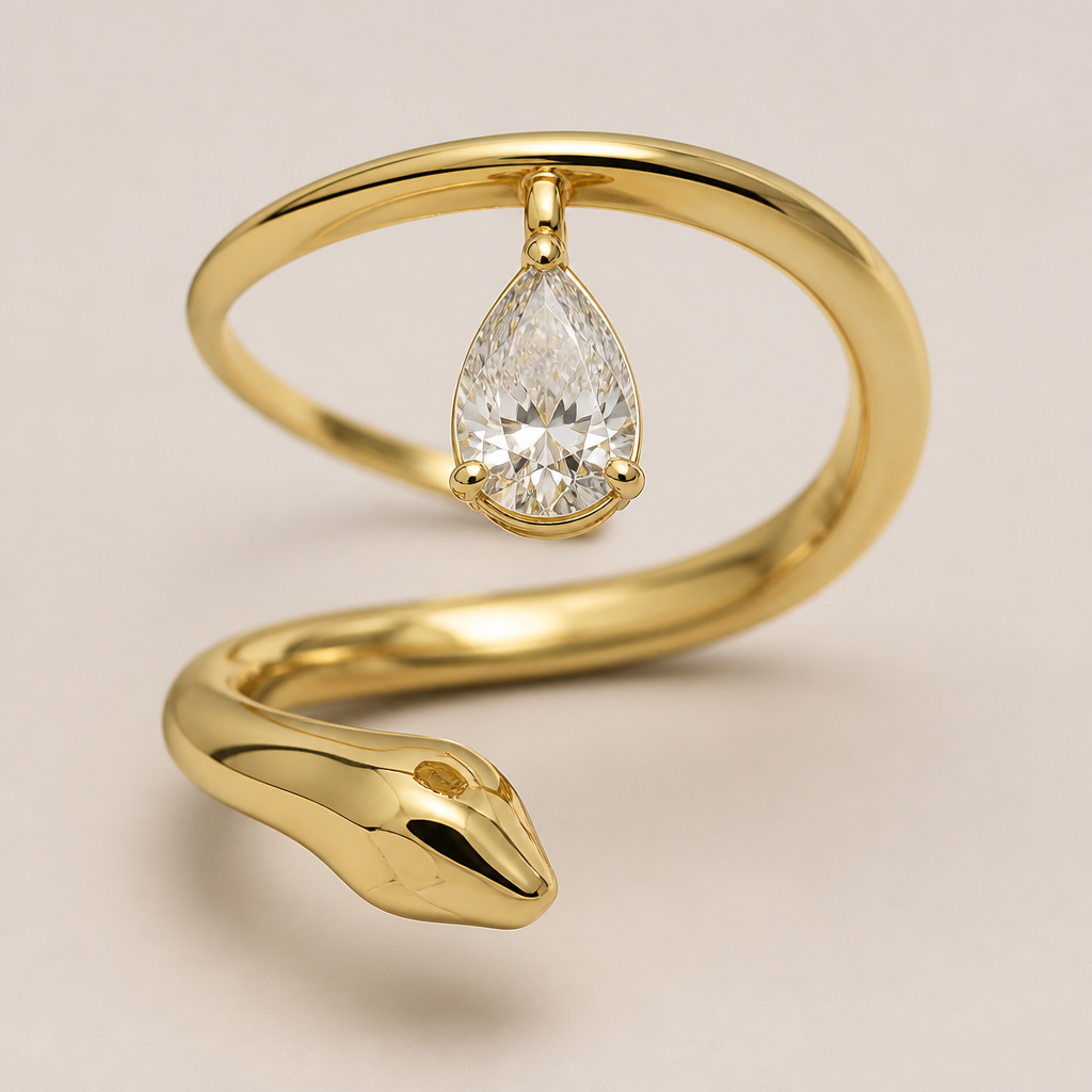 Snake open band wrap in plain gold. Floating pear diamond in a basket setting connecting to the top wrap band
photorealistic jewelry design, Snake open band wrap in plain gold. Floating pear diamond in a basket setting connecting to the top wrap band, modern style, just the design no text