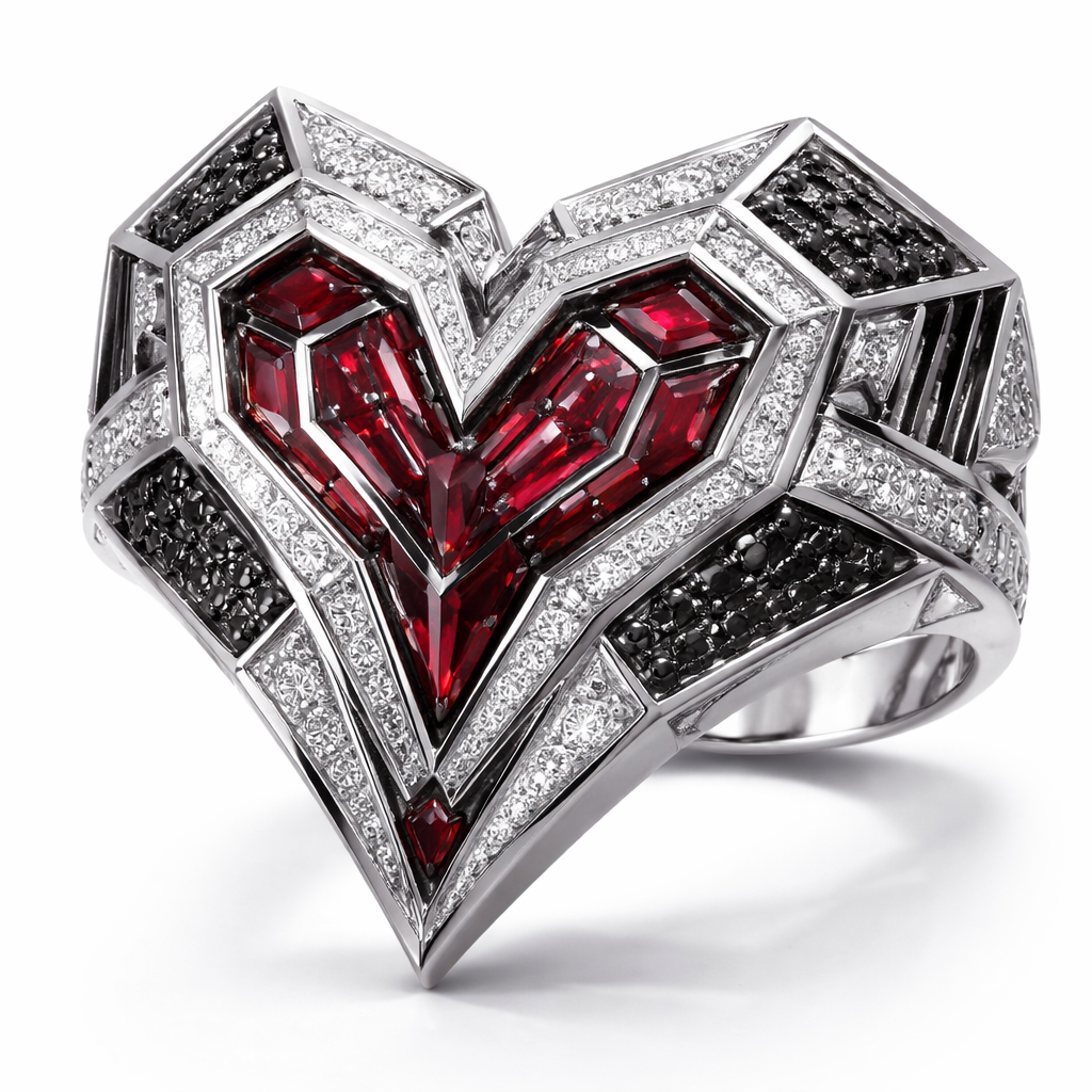 Modern Geometric ring of heart of architecture shape and edges of bold style with white and black diamond and stones of ruby of white background with edgy style