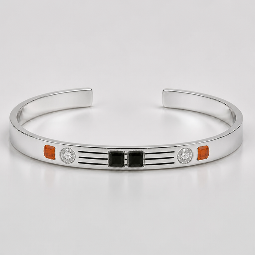 A women's bracelet made of silver. make the orange stone closer to the clear stone without messing with anything else
using the attached image as a visual reference, create A women's bracelet made of silver. make the orange stone closer to the clear stone without messing with anything else. photorealistic, just the design no text