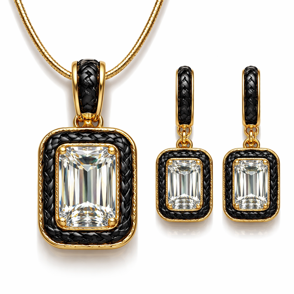 Create pendant and earrings with emerald cut diamonds, with leather design in gold