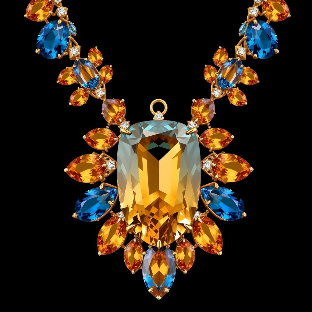 A asscher and Navette cut amber and blue sapphire gemstones , FL IF clarity, 50 carat necklaces