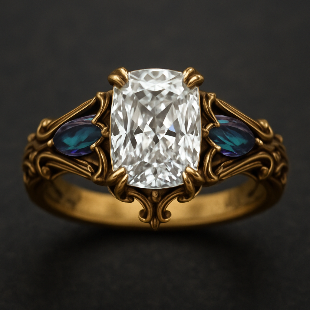 2 carat elongated cushion cut diamond engagement ring with double claw prongs in yellow gold ring with marquise shaped alexandrite side stones