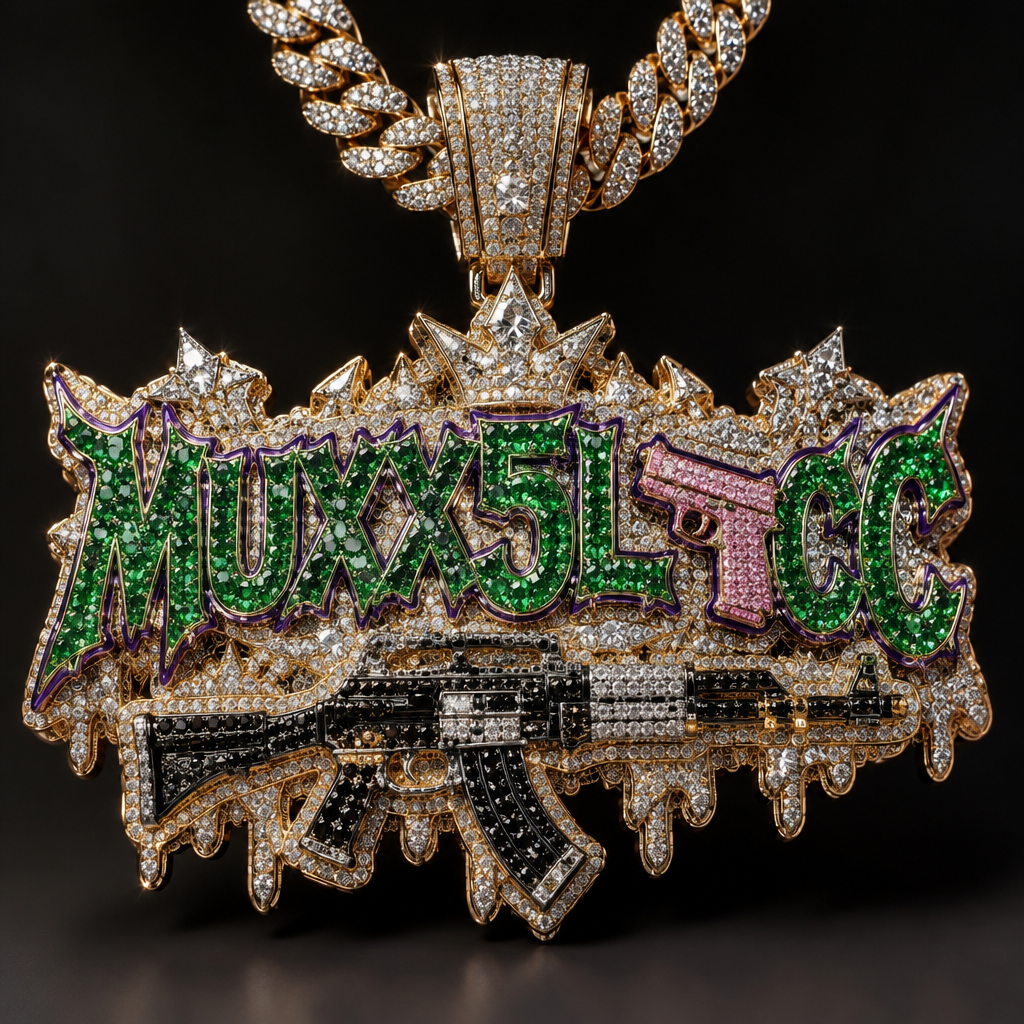 A men's pendant made of silver with diamond stones, highly ornate, intricate and elaborate, richly detailed. Зелено бриллиантовая надпись MUXX5LOCC вместо буквы O пистолет Glock 17 розового цвета, снизу надписи черный автомат обсыпленый бриллиантами есть ещё немного белого цвета, у надписи контур фиолетового цвета, сама подвеска обсыплена 42 каратным золотом и бриллиантом, бриллиант качественный и очень дорогой
photorealistic jewelry design, A men's pendant made of silver with diamond stones, highly ornate, intricate and elaborate, richly detailed. Зелено бриллиантовая надпись MUXX5LOCC вместо буквы O пистолет Glock 17 розового цвета, снизу надписи черный автомат обсыпленый бриллиантами есть ещё немного белого цвета, у надписи контур фиолетового цвета, сама подвеска обсыплена 42 каратным золотом и бриллиантом, бриллиант качественный и очень дорогой, modern style, just the design no text