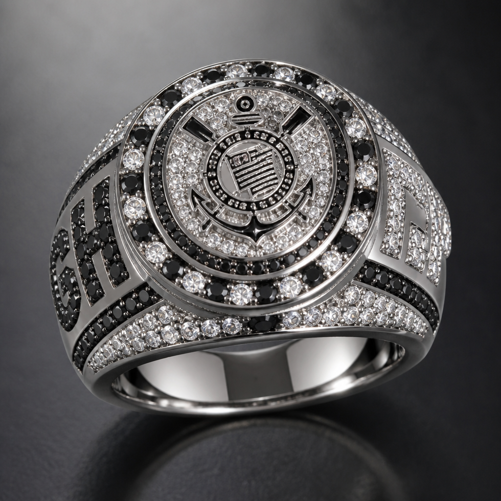 A women's ring. fazer anel do Superbowl,com símbolo do Corinthians na parte de cima com brilhante branco e pretode 2pontos alternado m um dos lados a sigla GH cravada com brilhantes negros de 2 pontos do outro lado CP cravado com brilhantes brancos de 2 pontos linhas clássicas com movimentos modernos número 33 de medida
photorealistic jewelry design, A women's ring. fazer anel do Superbowl,com símbolo do Corinthians na parte de cima com brilhante branco e pretode 2pontos alternado m um dos lados a sigla GH cravada com brilhantes negros de 2 pontos do outro lado CP cravado com brilhantes brancos de 2 pontos linhas clássicas com movimentos modernos número 33 de medida, modern style, just the design no text