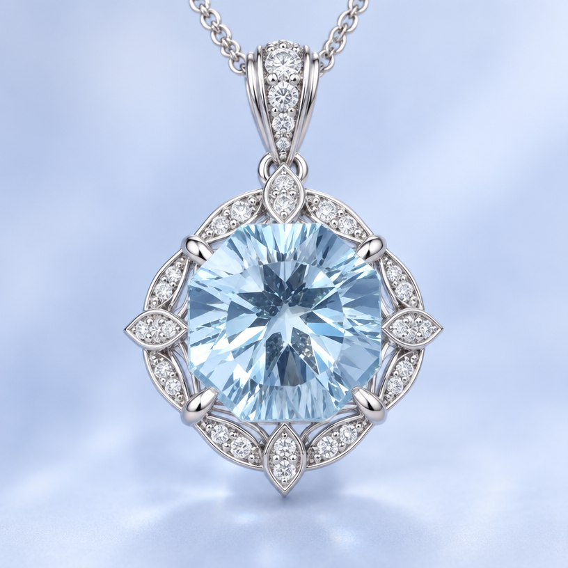 A modern women's pendant made of white gold, detailed and decorative, moderately ornate. 3ct fancy Starburst cut sky blue topaz
using the attached image as a visual reference, create A modern women's pendant made of white gold, detailed and decorative, moderately ornate. 3ct fancy Starburst cut sky blue topaz. photorealistic, just the design no text