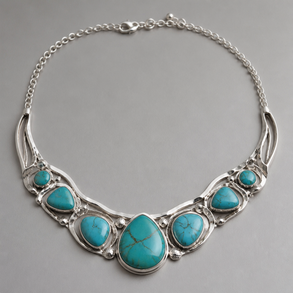 A modern women's necklace made of silver with turquoise stones suitable for festival
photorealistic jewelry design, A modern women's necklace made of silver with turquoise stones suitable for festival, modern style, just the design no text