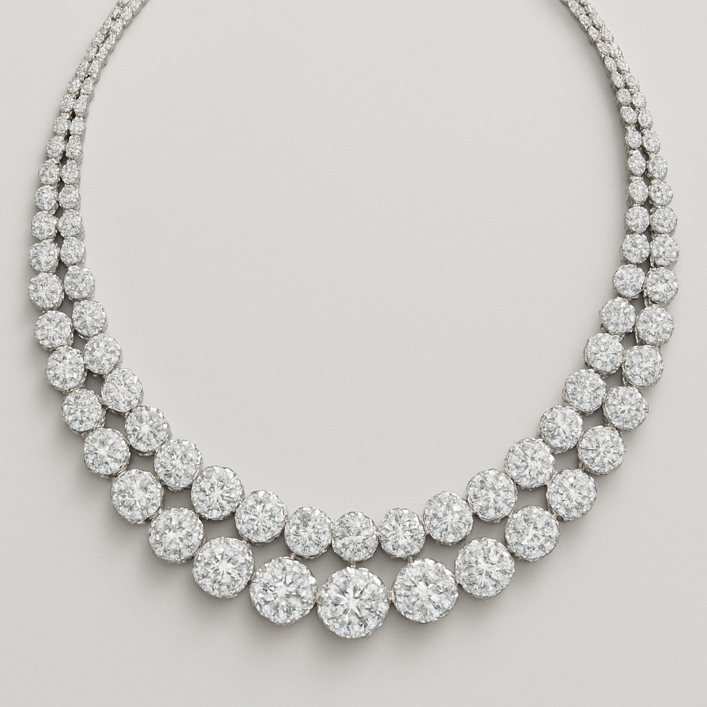 Double triple row necklace with 56 multiple size round diamonds cluster style half way around 