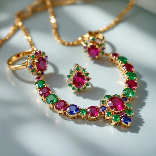 Necklace and ring and earring with luxury colorful jewel with gold
