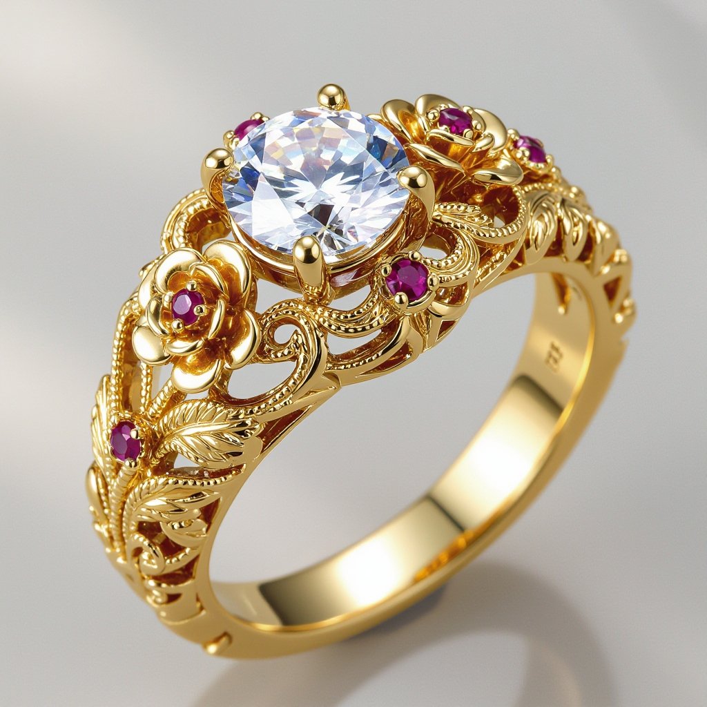 a good engagement ring incorporating small gold roses with tiny rubies in between one layer