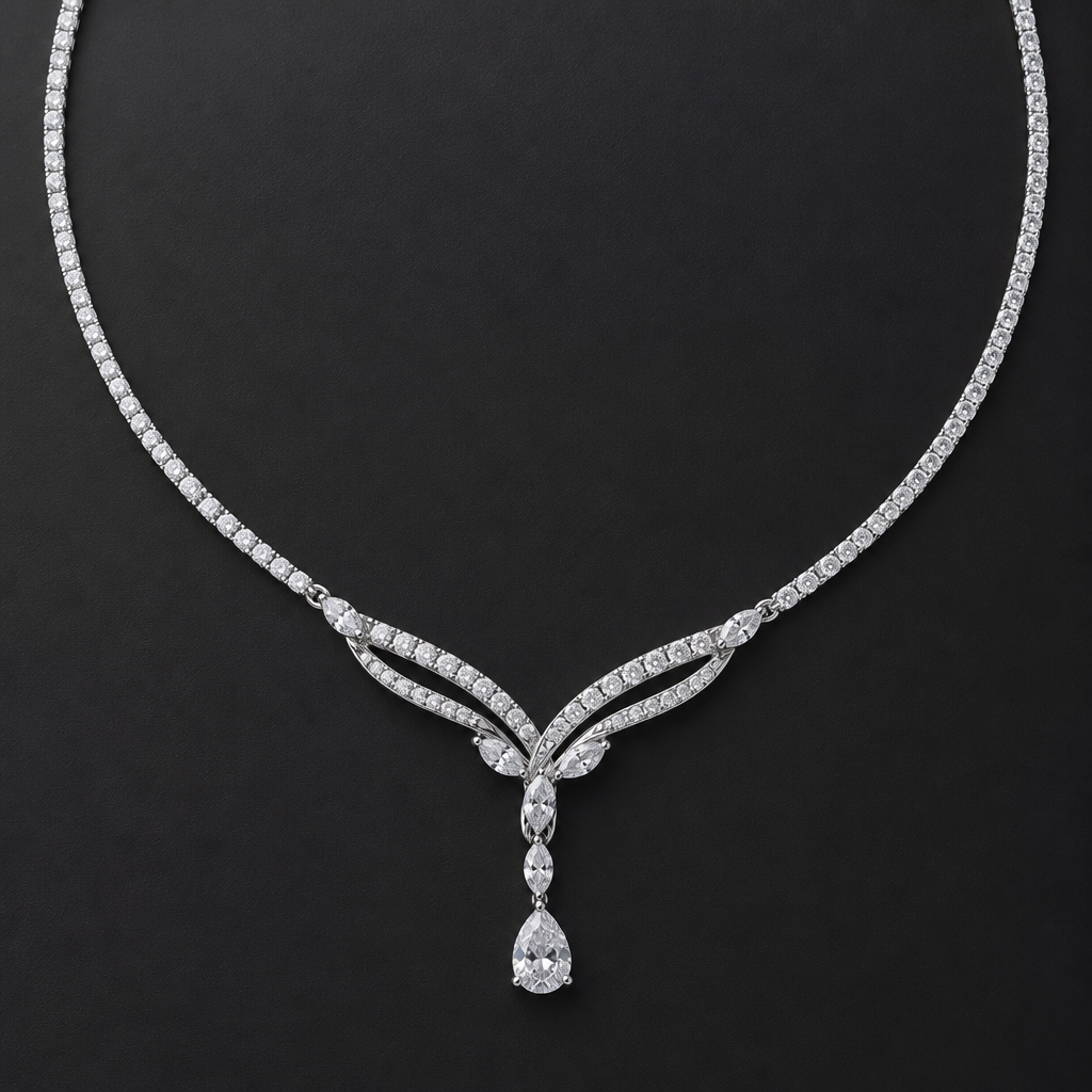 A women's necklace with diamond stones suitable for formal
photorealistic jewelry design, A women's necklace with diamond stones suitable for formal, modern style, just the design no text