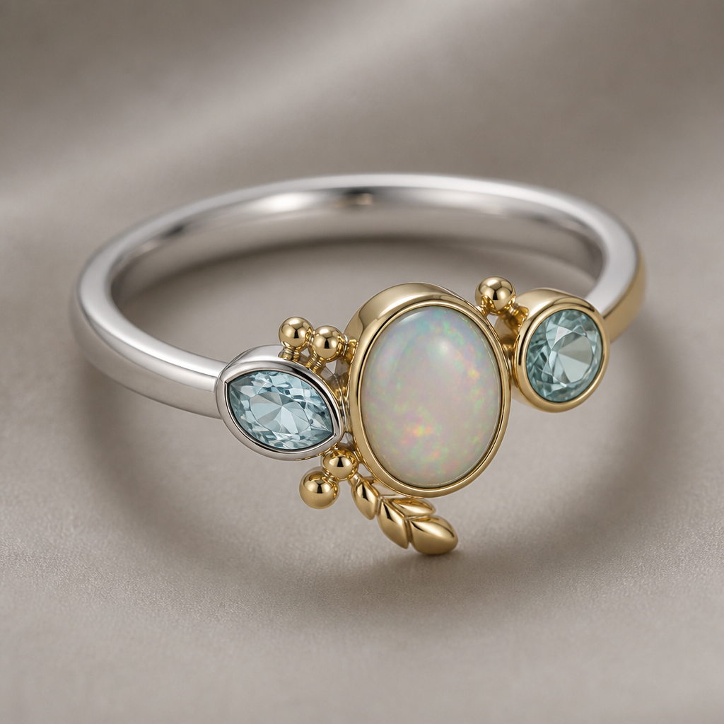 A minimalist women's ring made of mixed metal with opal and topaz and aquamarine stones suitable for festival. A modern women ring with little ornaments of modern motifs.
photorealistic jewelry design, A minimalist women's ring made of mixed metal with opal and topaz and aquamarine stones suitable for festival. A modern women ring with little ornaments of modern motifs., minimalist style, just the design no text