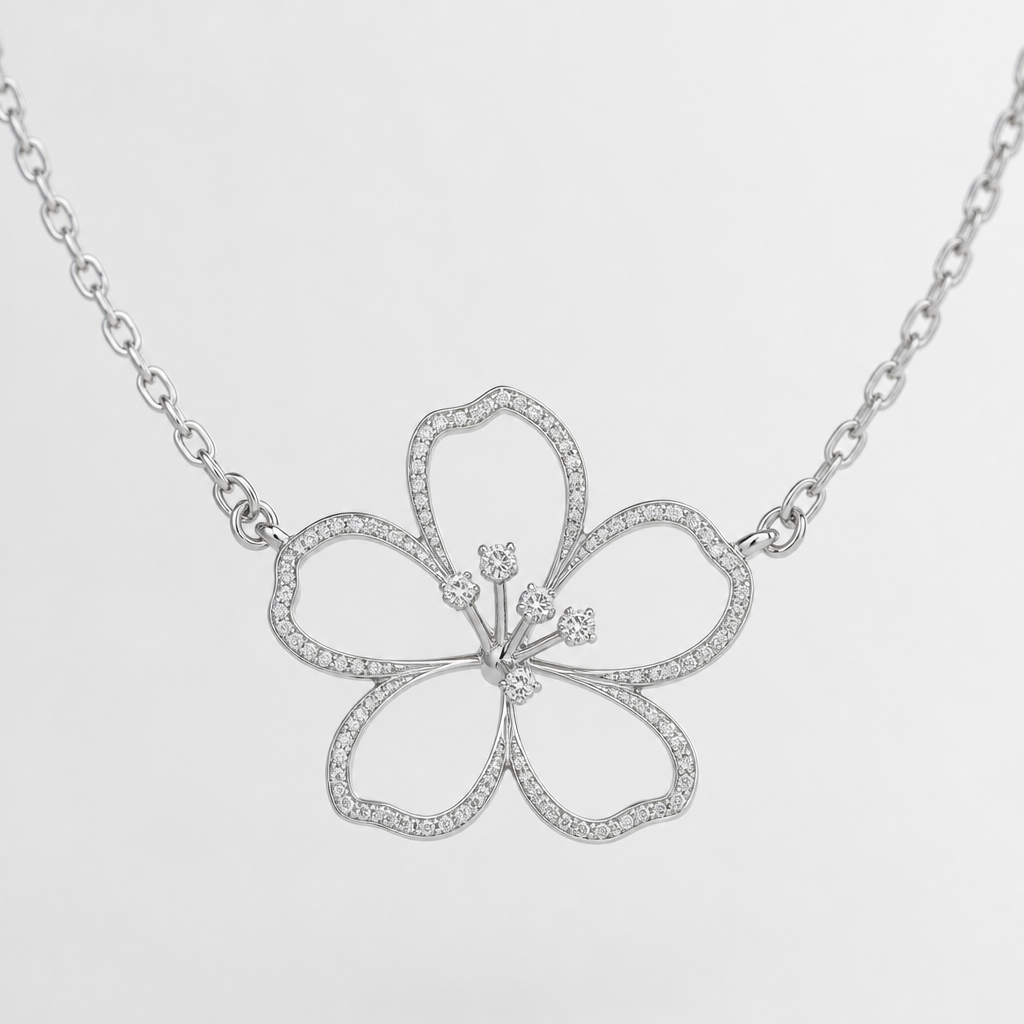 A women's necklace made of silver. hibicus ligne fine, (diamand poutours des petales vide, toutes les petales) et delicat ,3 tres petit diamand dans le milieu au bout de la tige interieur de la fleur vide, plus detail, 5 petales chaine de chaque coté, tige qui ne depasse la fleur, minimaliste mince féminin
photorealistic jewelry design, A women's necklace made of silver. hibicus ligne fine, (diamand poutours des petales vide, toutes les petales) et delicat ,3 tres petit diamand dans le milieu au bout de la tige interieur de la fleur vide, plus detail, 5 petales chaine de chaque coté, tige qui ne depasse la fleur, minimaliste mince féminin, modern style, just the design no text