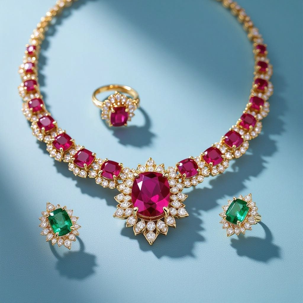 Necklace and ring and earring with luxury colorful jewel with gold