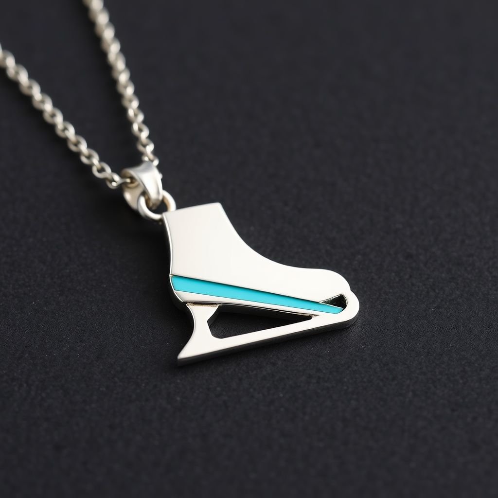 Silver Pendant shape one ice skate with turquoise stripe inside the low thin part blade 