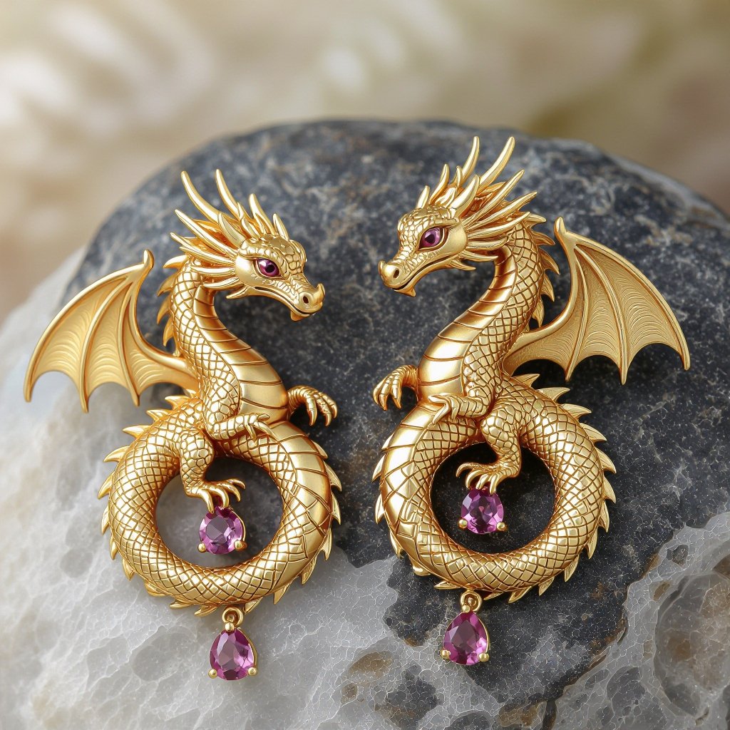 Золотые матовые серьги со схематическим изображением дракона узоры и камни мелкие раузтопаз