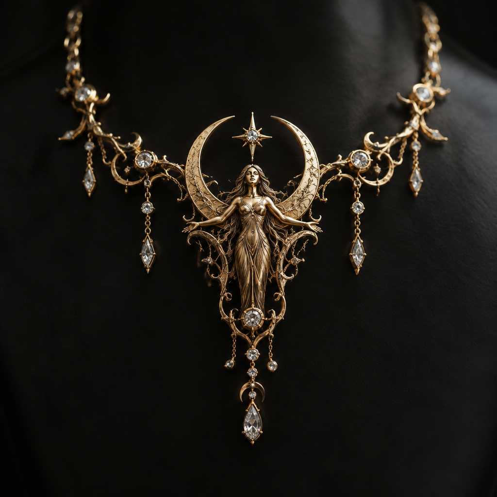 A gothic women's necklace made of gold with diamond stones. its like a moon goddes
photorealistic jewelry design, A gothic women's necklace made of gold with diamond stones. its like a moon goddes, gothic style, just the design no text