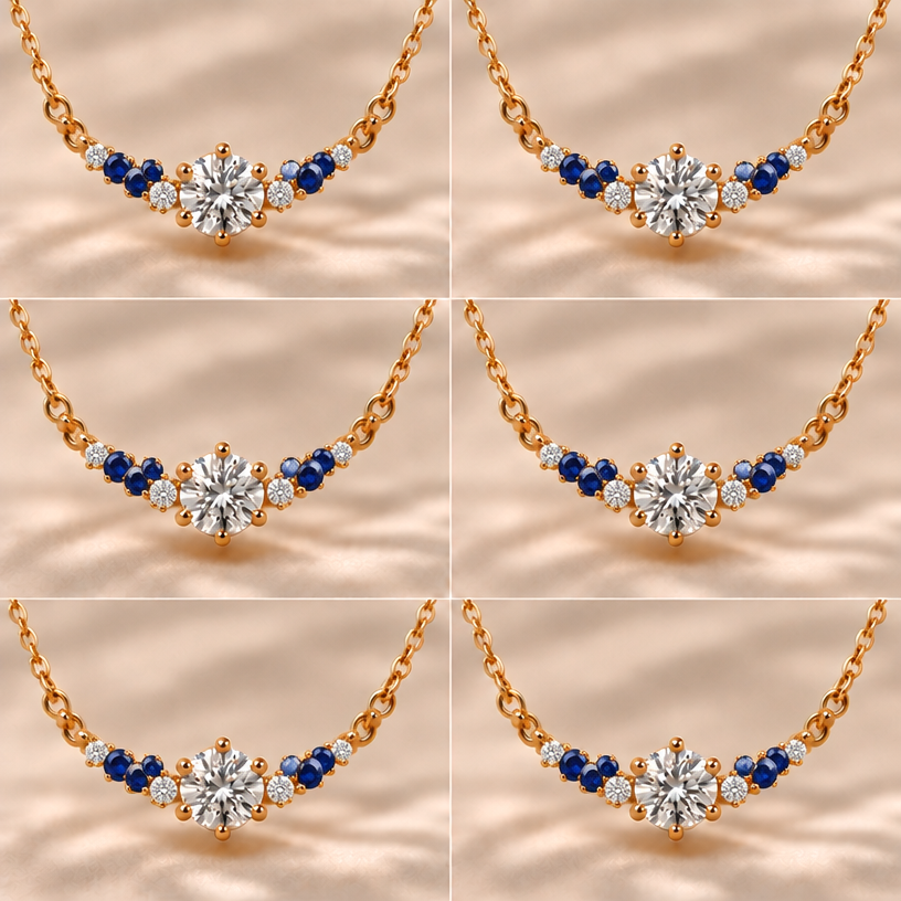 Small diamonds on the side of the large and several small sapphires
edit the attached jewelry design with these instructions: Small diamonds on the side of the large and several small sapphires. keep it photorealistic, just the design no text