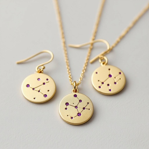 Серьги и кулон в одном стиле. Светлое матовое состаренное мятое золото. На круге изобрежены созвездия. Очень маленькие сиреневые камушки. 