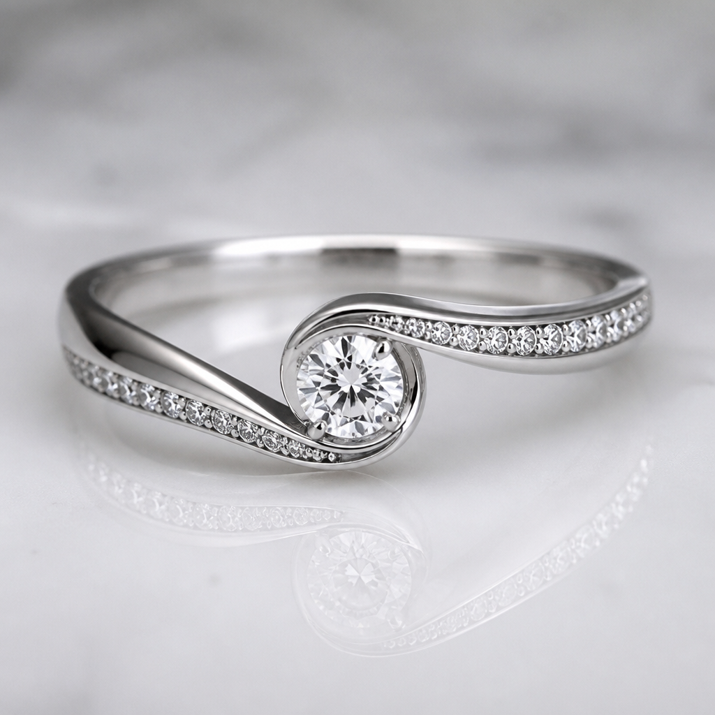 A modern women's ring made of silver with diamond stones suitable for wedding
photorealistic jewelry design, A modern women's ring made of silver with diamond stones suitable for wedding, modern style, just the design no text