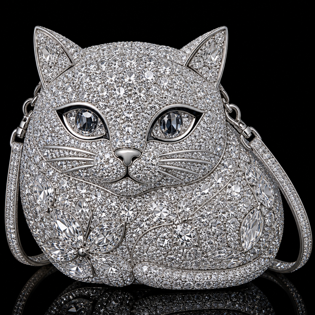 Diamond cat purse
photorealistic jewelry design, Diamond cat purse, just the design no text
