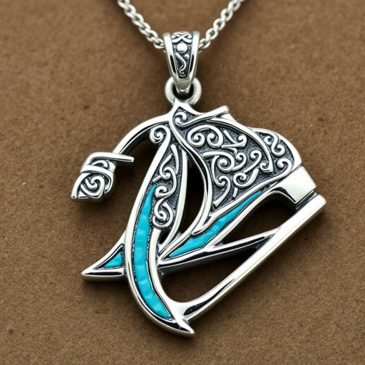 Silver pendant in the shape of ice skating blades with a turquoise stripe within the blade