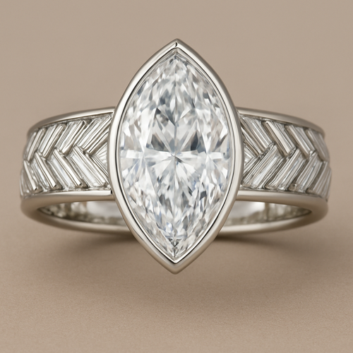 Bezel set 6 carat marquise diamond center stone with baguette diamonds in a herringbone pattern in the band