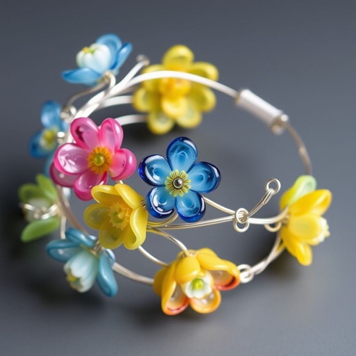 Flower glass beads bracelet with wire bracelet base