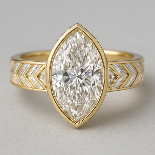 Bezel set 6 carat marquise diamond center stone with baguette diamonds in a herringbone pattern in the band