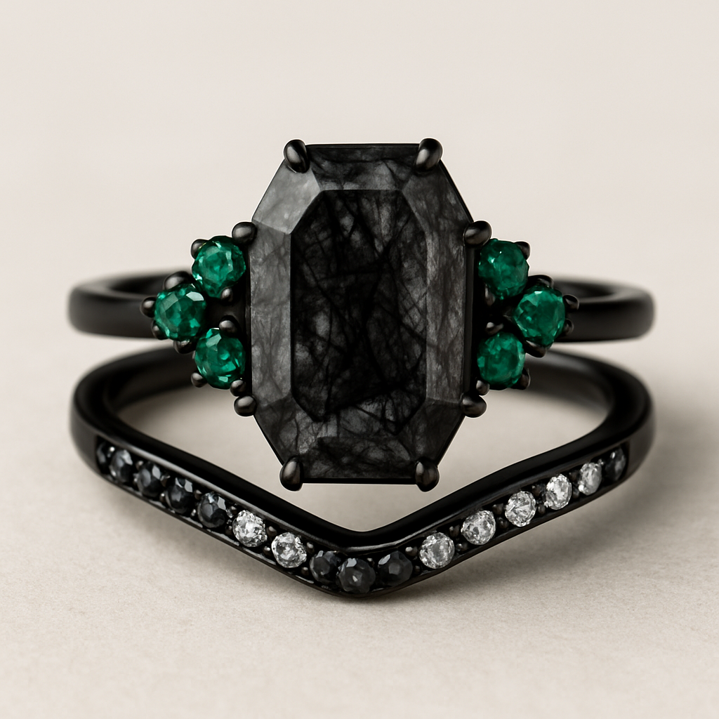Black band, medium long hexagon cut rutilated black quartz, emerald accent stones 3 on each side in a cluster, add a wedding band that curves with black and white stones
