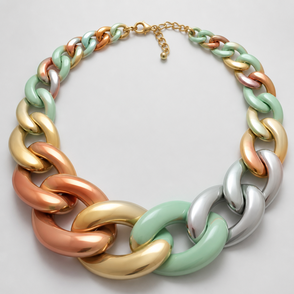 A women's necklace. create a chunky Cuban links style plastic necklace that is graduated and exaggerated in the first three links.colors: alternating copper, gold, mint green and silver
photorealistic jewelry design, A women's necklace. create a chunky Cuban links style plastic necklace that is graduated and exaggerated in the first three links.colors: alternating copper, gold, mint green and silver, modern style, just the design no text