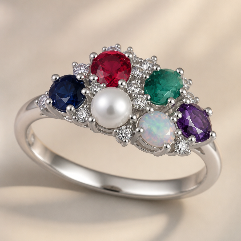 A classic women's ring made of platinum with ruby and sapphire and pearl and emerald and amethyst and opal stones suitable for wedding. delicate neckless ruby and brass metal mojonight stone with light weight
photorealistic jewelry design, A classic women's ring made of platinum with ruby and sapphire and pearl and emerald and amethyst and opal stones suitable for wedding. delicate neckless ruby and brass metal mojonight stone with light weight, classic style, just the design no text