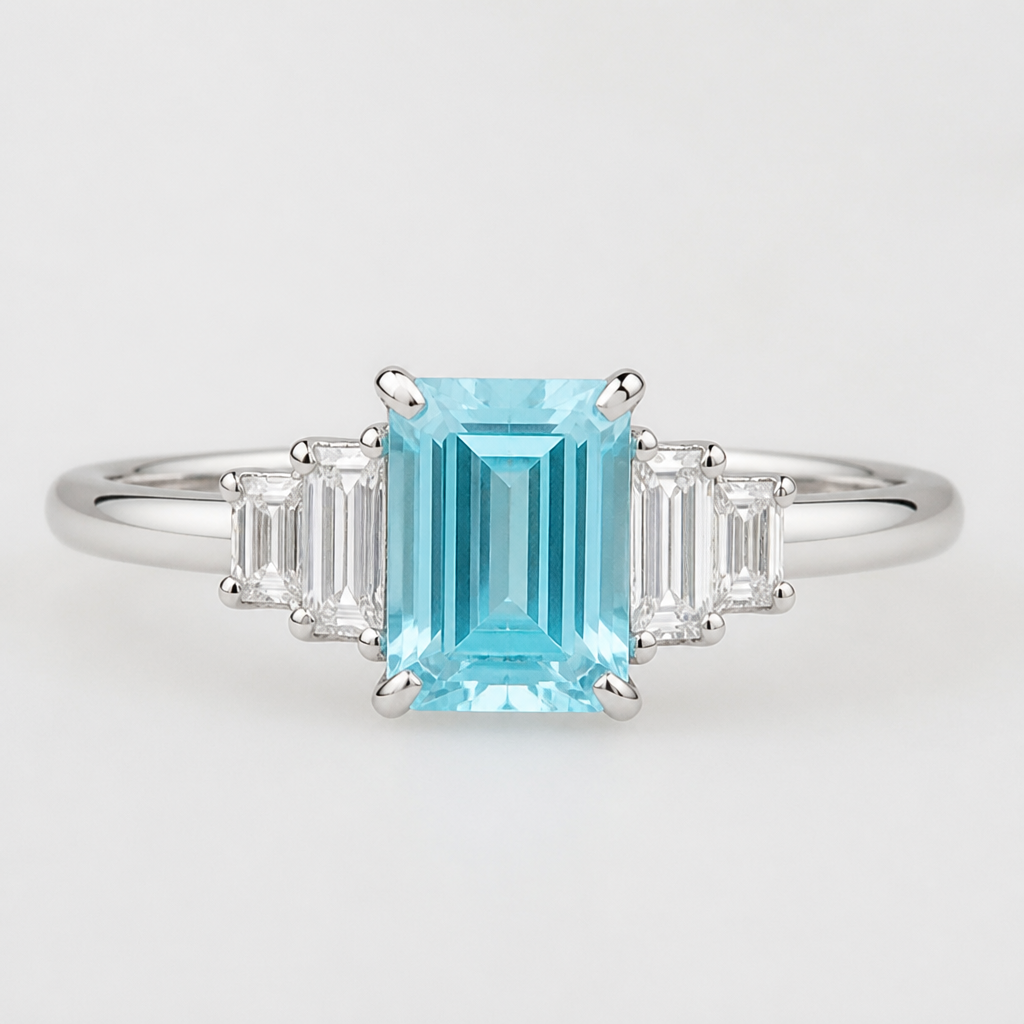 Baguette lighr turquise with diamonds en each side
photorealistic jewelry design, Baguette lighr turquise with diamonds en each side, just the design no text