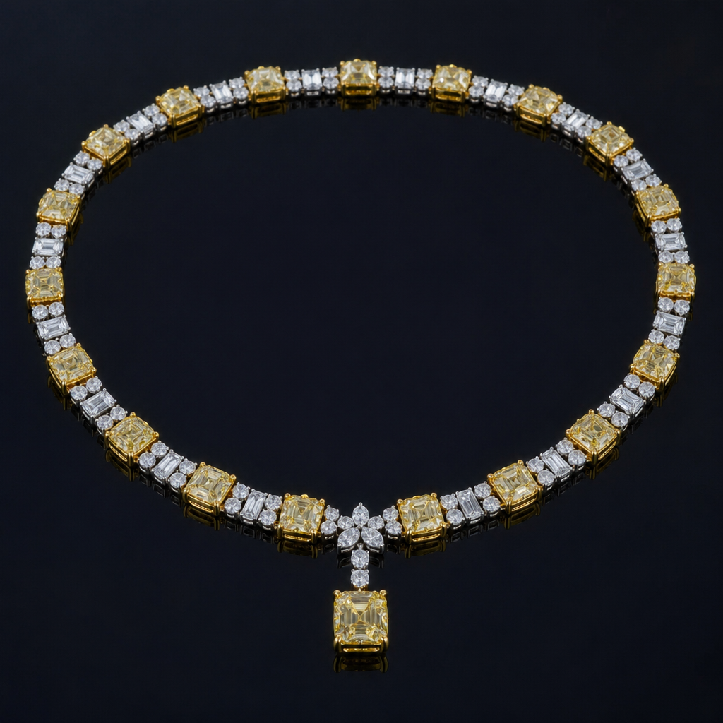 . Refinement: it is to cluttered , place square or Emarald shaped yellow diamonds instead of Pear Shaped.
photorealistic jewelry design, . Refinement: it is to cluttered , place square or Emarald shaped yellow diamonds instead of Pear Shaped., Luxury style, just the design no text