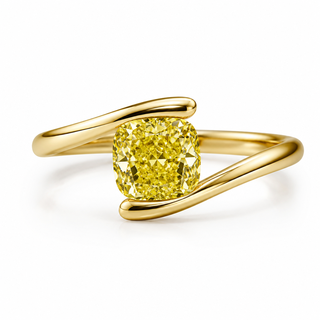 A 1.1 ct fancy vivid yellow diamond cushion cut VVS2 inside a yellow gold simple band bypass setting
photorealistic jewelry design, A 1.1 ct fancy vivid yellow diamond cushion cut VVS2 inside a yellow gold simple band bypass setting , minimalist style, just the design no text