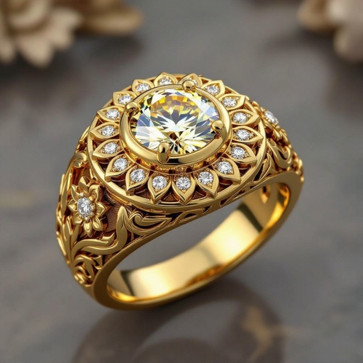 Prompt: A luxury Persian women’s ring, matte antique gold finish, wide band, handcrafted look, photorealistic jewelry render. 	•	Centerpiece: • A brilliant-cut yellow diamond set in the middle. • Surrounded by a sun mandala with exactly 15 rays, slim and elegant, sharp but refined — not bulky. • Rays inspired by Persian geometric ornament, precise and luxurious. 	•	Side motifs: • On each side of the band: stylized cypress motifs, elegant and elongated (not like a pine tree). • Motifs should flow with the curvature of the band, delicate and symbolic. 	•	Lotus (open): • A fully open lotus flower sculpted in high relief. • Petals finely detailed and arranged in harmony, elegant symmetry, clearly representing “open bloom.” • Should look distinct from a closed bud (to match the men’s ring later). 	•	Finish & Style: • Deep, crisp carvings and engravings. • Matte / brushed antique gold surface with subtle shadow depth. • Avoid plastic shine; emphasize luxury craftsmanship. • Lighting: cinematic jewelry photography, dramatic yet soft, highlighting gemstone brilliance and relief details. • Hyper-realistic render with depth of field focusing on the sun motif and lotus.  Keywords: Persian jewelry, luxury, sun mandala, cypress, open lotus, antique gold, symbolic, elegant, high-relief carving, handcrafted, photorealistic, cinematic lighting.