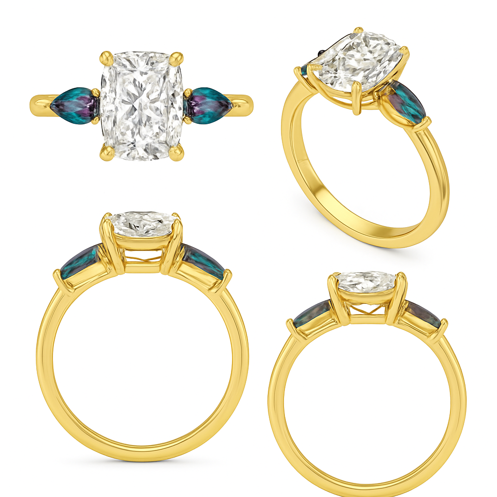 2 carat elongated cushion cut diamond and marquise alexandrite side stones set in a yellow flared shank from all angles 