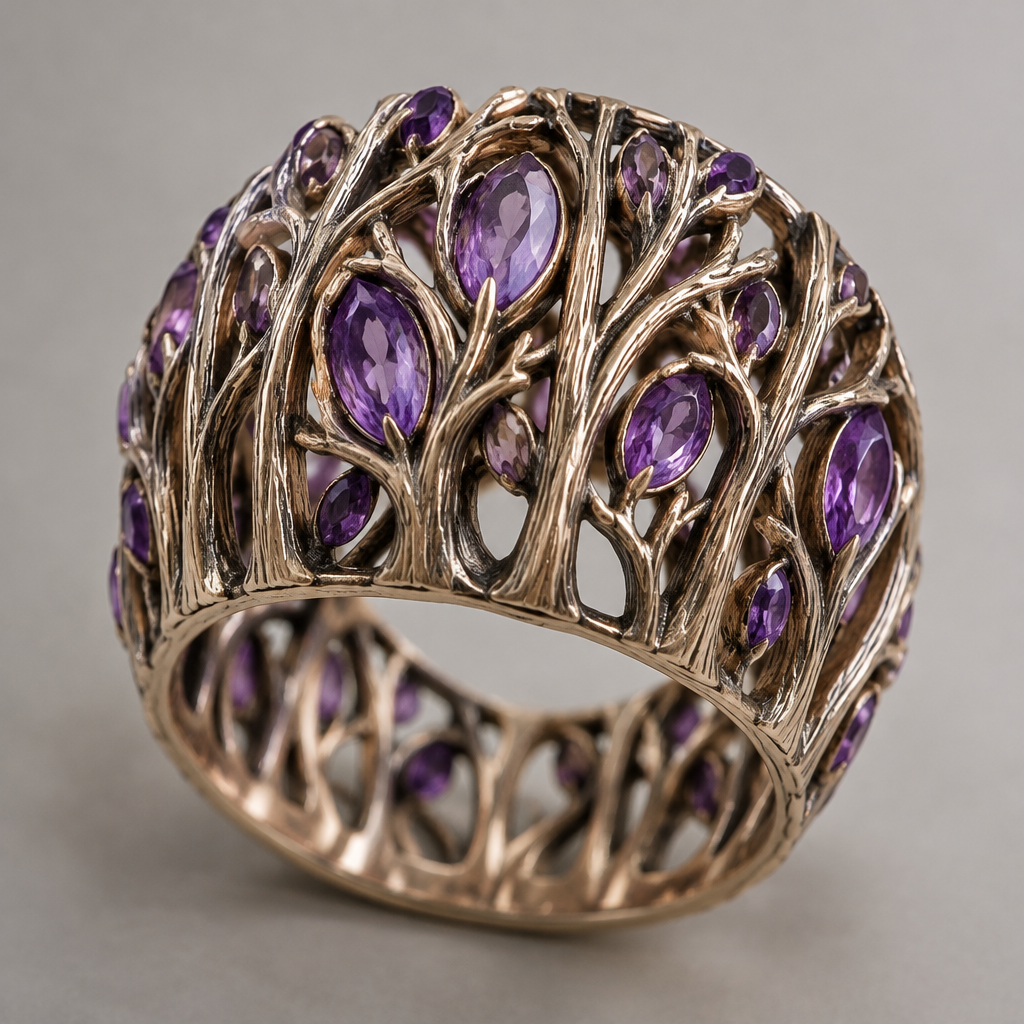 A women's ring. otuzsekiz dikine ağaç içinde amatis taşlar olan yuvarlak bir yüzük
photorealistic jewelry design, A women's ring. otuzsekiz dikine ağaç içinde amatis taşlar olan yuvarlak bir yüzük, modern style, just the design no text
