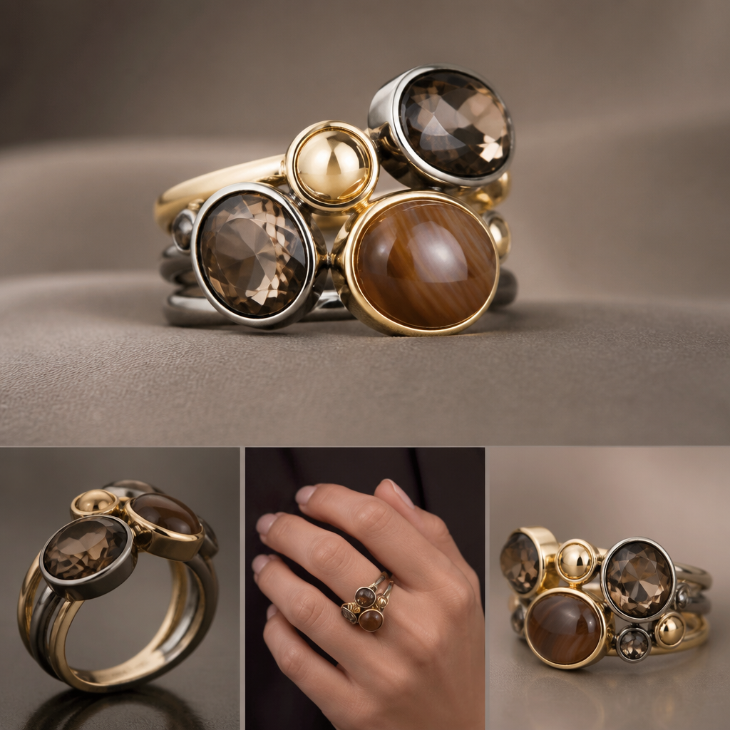 A modern women's ring made of mixed metal suitable for party. طقم من العقيق البني ، الهيماتايت ، الكوارتز الدخاني ناعم
photorealistic jewelry design, A modern women's ring made of mixed metal suitable for party. طقم من العقيق البني ، الهيماتايت ، الكوارتز الدخاني ناعم, modern style, just the design no text