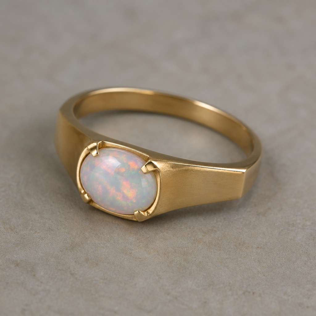 A modern men's ring with opal stones. 真鍮棒(リングと爪用)と真鍮板で自分で作れるシンプルな1cm程度のオパールのピンキーリング
photorealistic jewelry design, A modern men's ring with opal stones. 真鍮棒(リングと爪用)と真鍮板で自分で作れるシンプルな1cm程度のオパールのピンキーリング, modern style, just the design no text