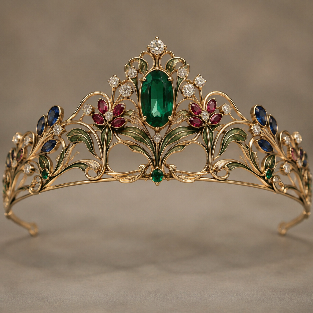A art nouveau women's tiara made of gold with emerald and ruby and sapphire and diamond stones suitable for wedding
photorealistic jewelry design, A art nouveau women's tiara made of gold with emerald and ruby and sapphire and diamond stones suitable for wedding, art_nouveau style, just the design no text