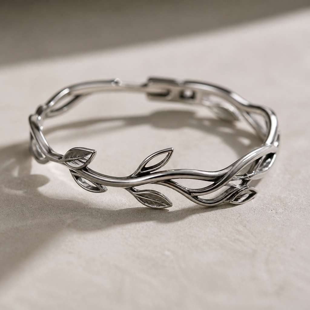A nature women's bracelet made of titanium suitable for daily wear
photorealistic jewelry design, A nature women's bracelet made of titanium suitable for daily wear, nature_inspired style, just the design no text