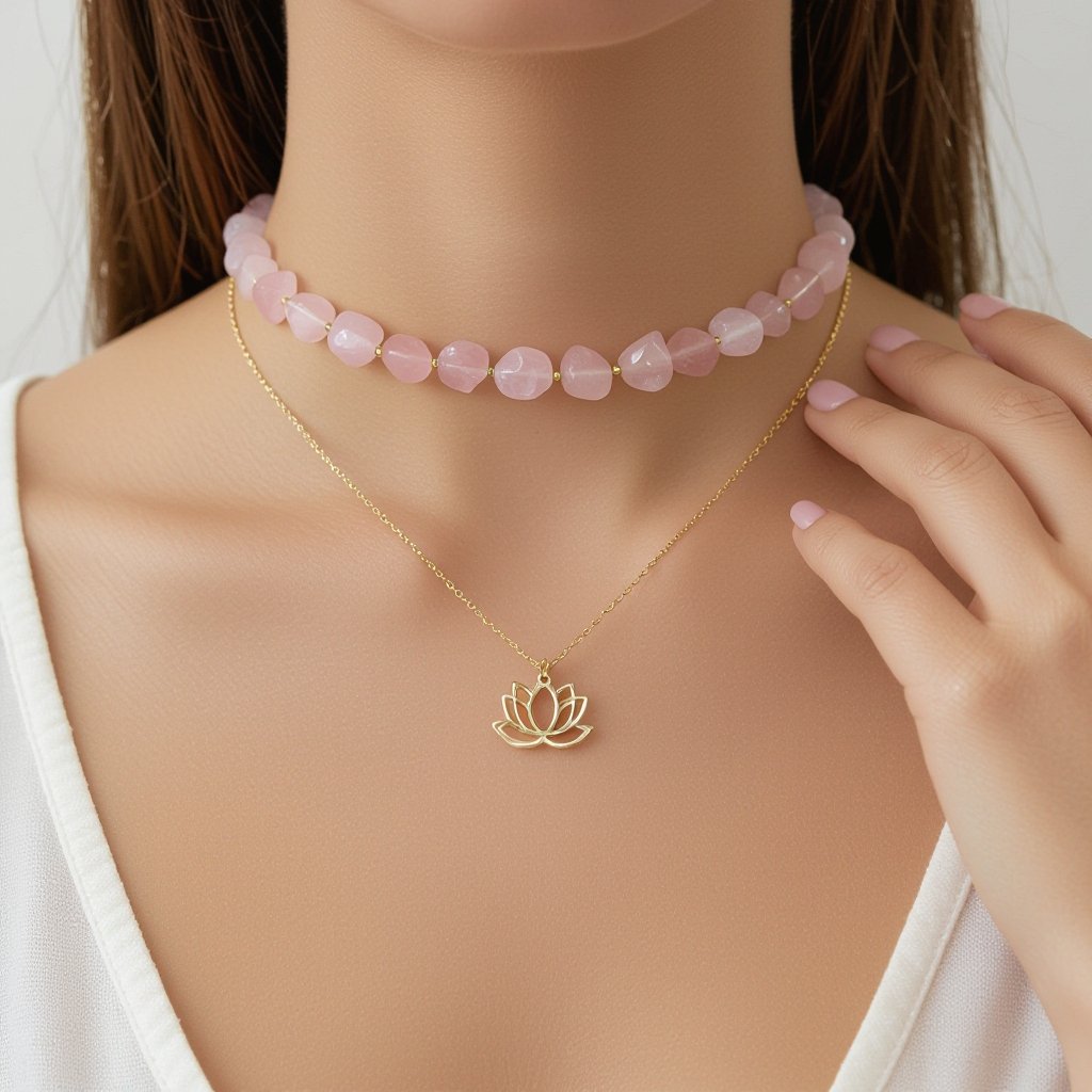Чокер из натурального мелкого необработанного розового кварца неровной формы бусины с золотой маленькой подвеской в форме лотоса