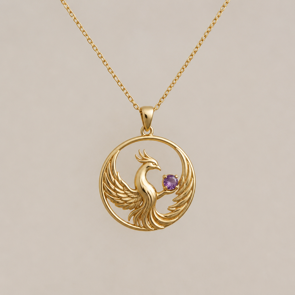 A minimalist women's pendant made of gold with amethyst stones suitable for daily wear. fio dourado, ouro, a joia em si, um circulo com a fenix no centro segurando a oedra pequena amethist. Um fio dimples para usar no dia a dia com um toque de charm
photorealistic jewelry design, A minimalist women's pendant made of gold with amethyst stones suitable for daily wear. fio dourado, ouro, a joia em si, um circulo com a fenix no centro segurando a oedra pequena amethist. Um fio dimples para usar no dia a dia com um toque de charm, minimalist style, just the design no text