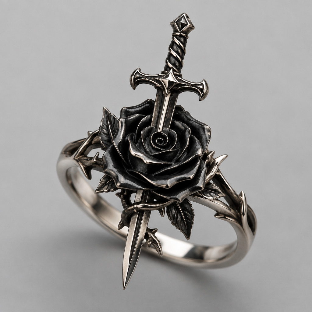 A women's ring. a sword pierced down on a black rose
photorealistic jewelry design, A women's ring. a sword pierced down on a black rose, modern style, just the design no text