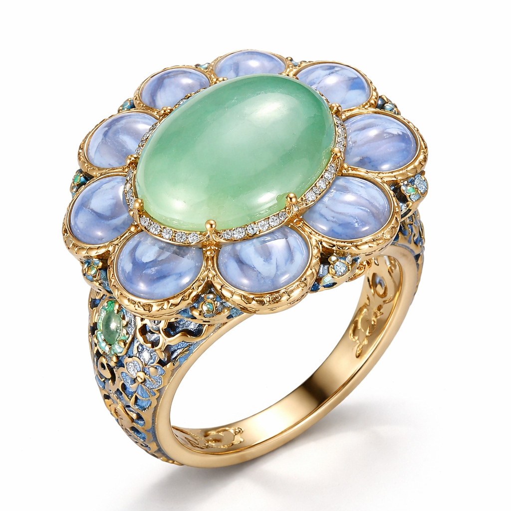 Make a ring with a light green jade stone in the middle with blue lace agate around it. Chinese style.